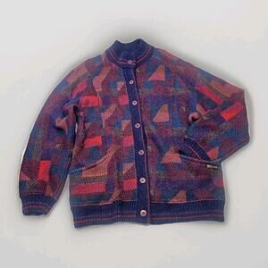 Vtg 80s Womens Crowneck Long Cardigan Sweater Geometric Knit Wool Mohair XL